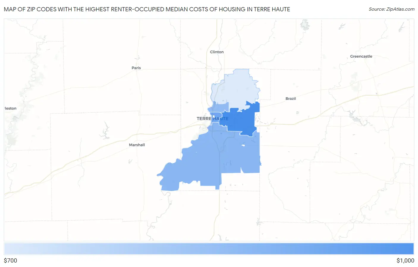 Zip Codes with the Highest Renter-Occupied Median Costs of Housing in Terre Haute Map