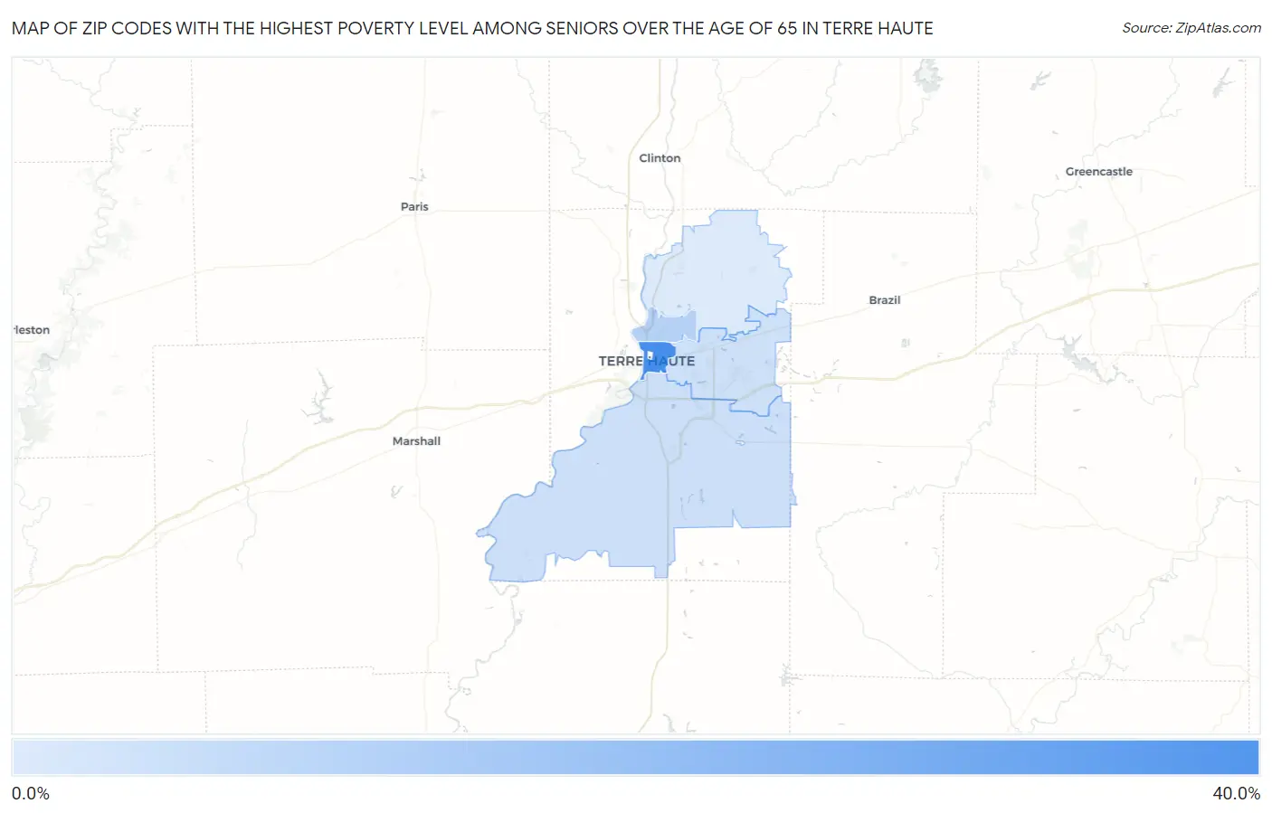 Zip Codes with the Highest Poverty Level Among Seniors Over the Age of 65 in Terre Haute Map