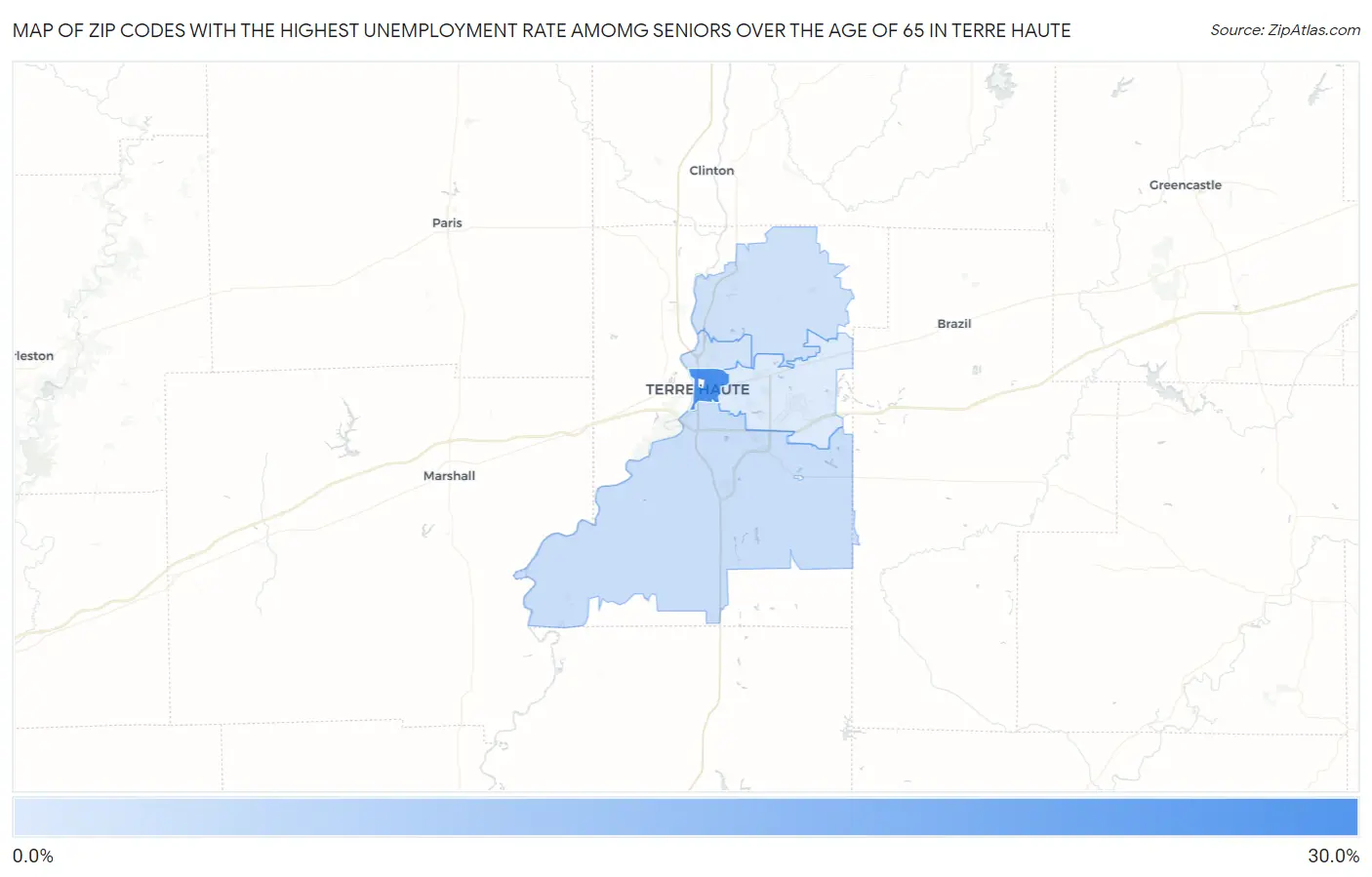 Zip Codes with the Highest Unemployment Rate Amomg Seniors Over the Age of 65 in Terre Haute Map