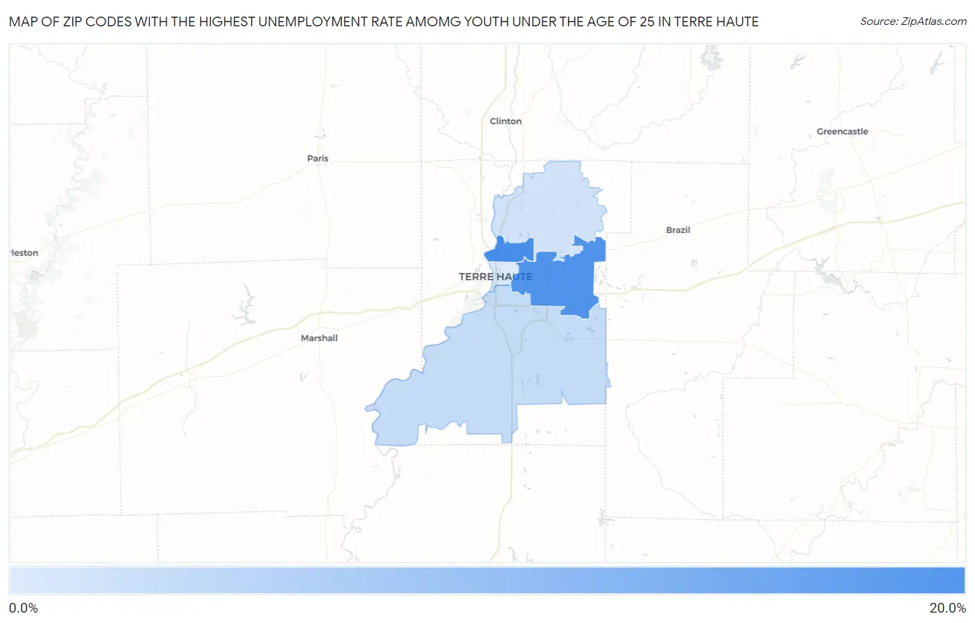 Zip Codes with the Highest Unemployment Rate Amomg Youth Under the Age of 25 in Terre Haute Map