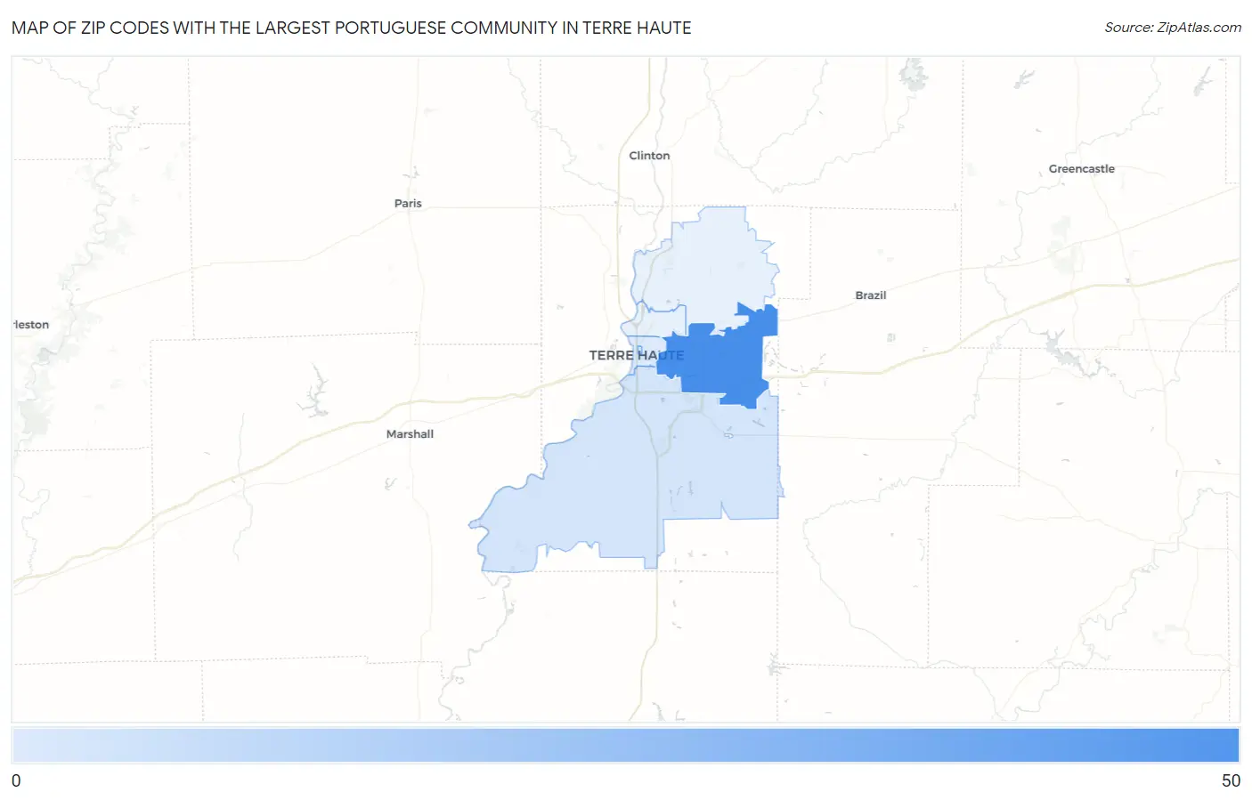 Zip Codes with the Largest Portuguese Community in Terre Haute Map