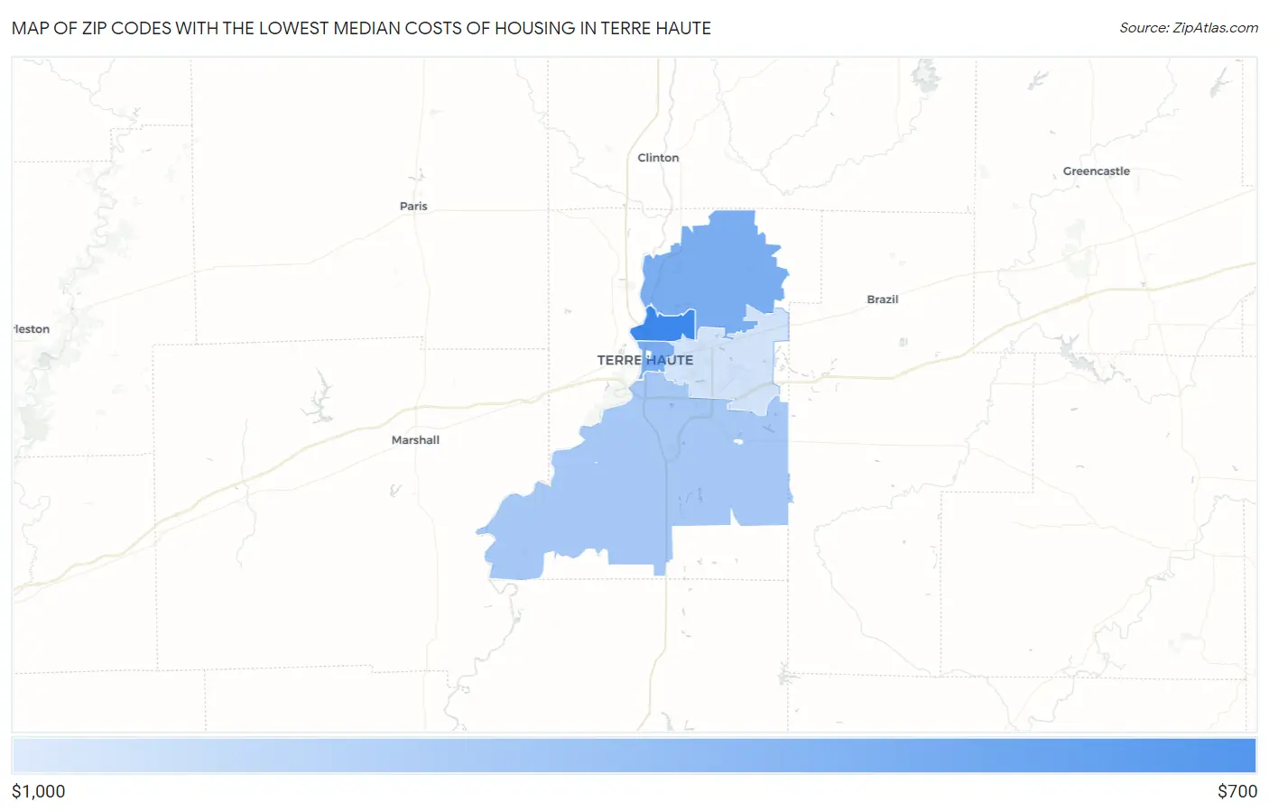 Zip Codes with the Lowest Median Costs of Housing in Terre Haute Map