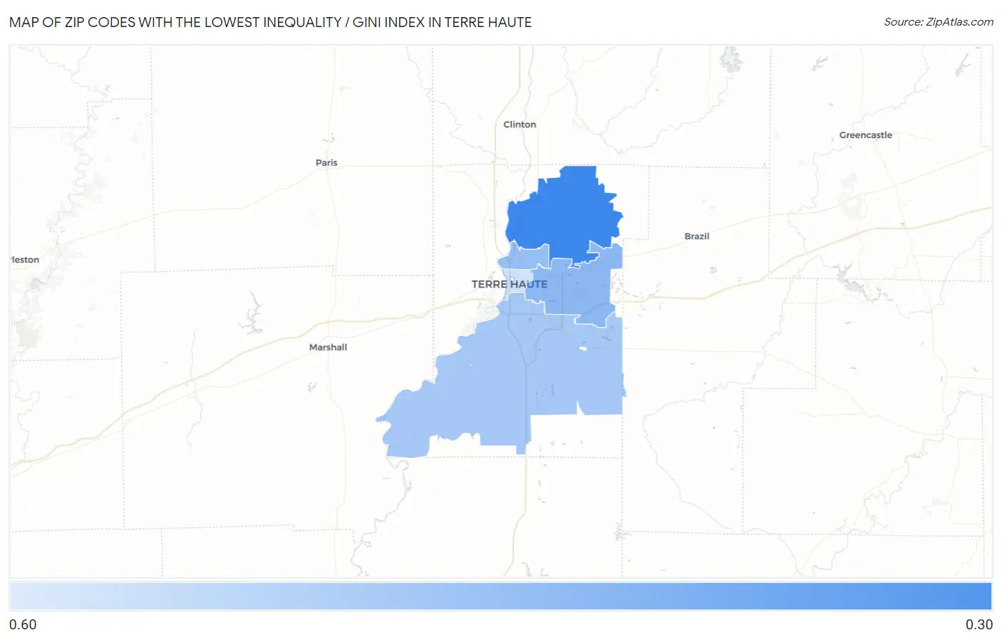 Zip Codes with the Lowest Inequality / Gini Index in Terre Haute Map