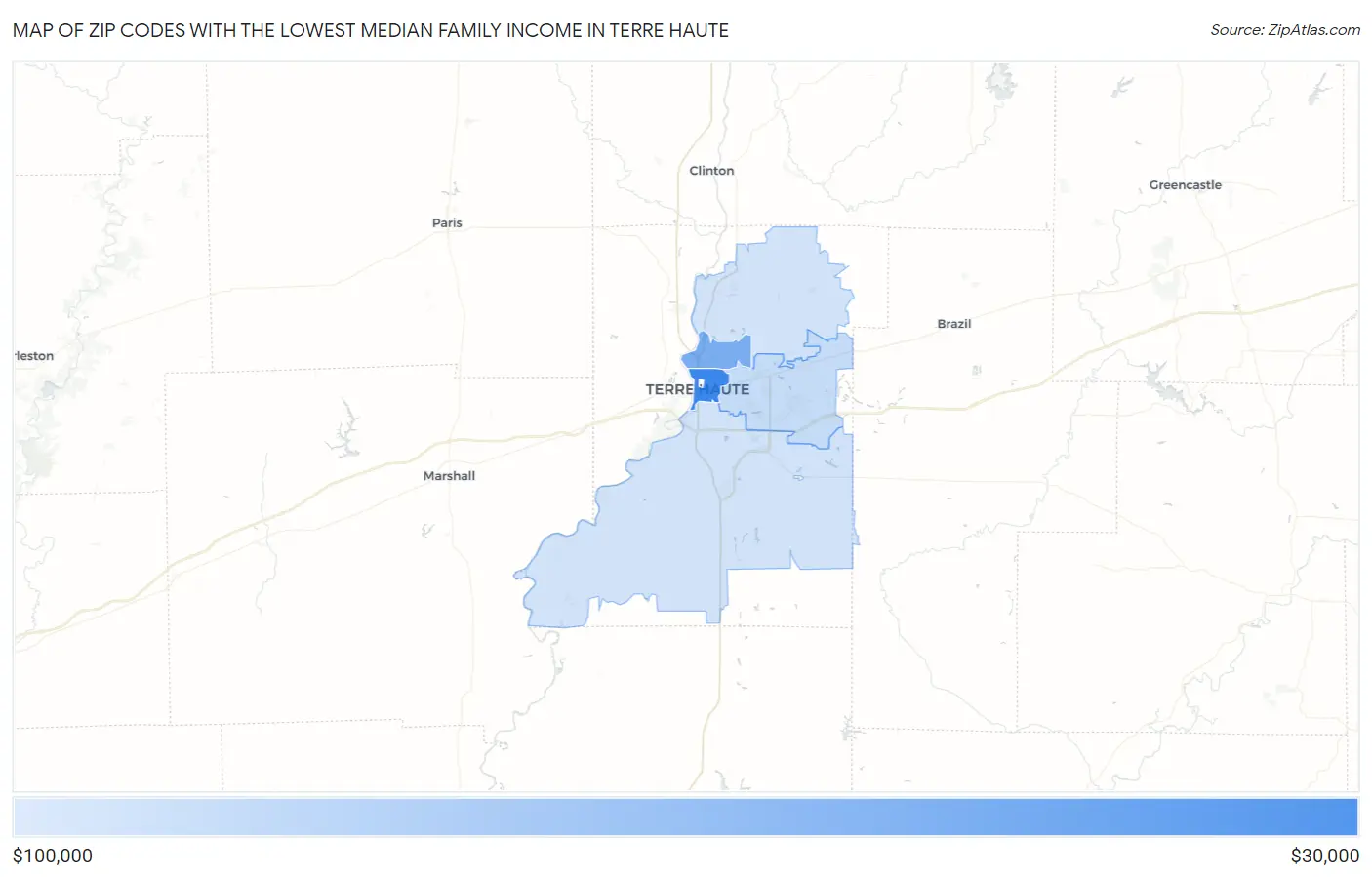 Zip Codes with the Lowest Median Family Income in Terre Haute Map