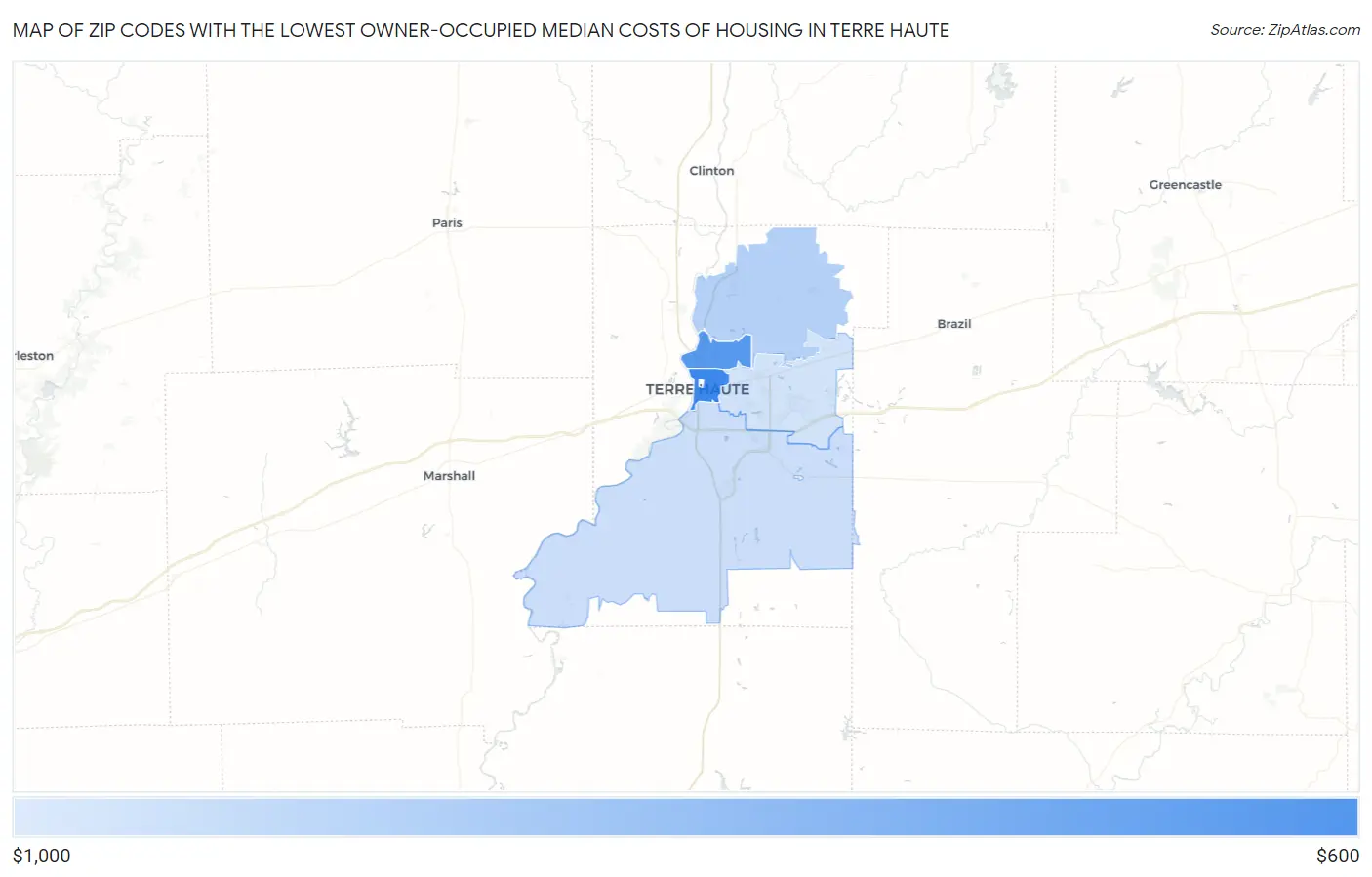 Zip Codes with the Lowest Owner-Occupied Median Costs of Housing in Terre Haute Map