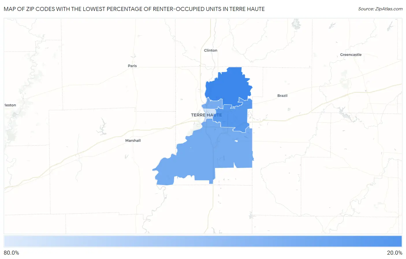 Zip Codes with the Lowest Percentage of Renter-Occupied Units in Terre Haute Map