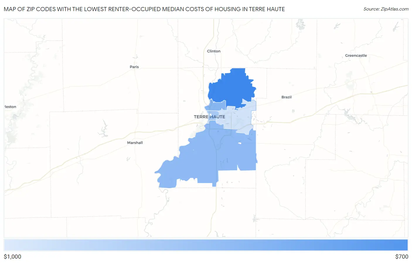 Zip Codes with the Lowest Renter-Occupied Median Costs of Housing in Terre Haute Map