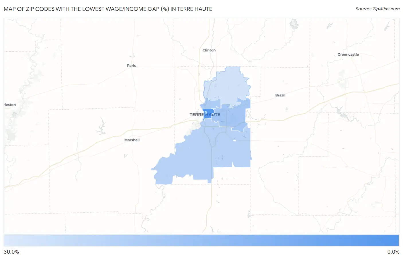 Zip Codes with the Lowest Wage/Income Gap (%) in Terre Haute Map