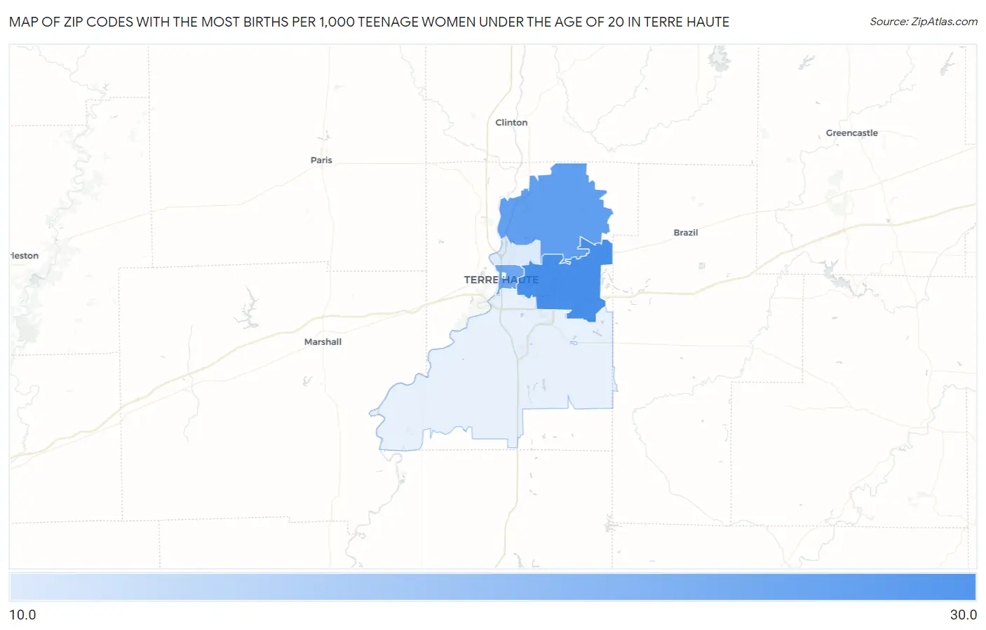 Zip Codes with the Most Births per 1,000 Teenage Women Under the Age of 20 in Terre Haute Map