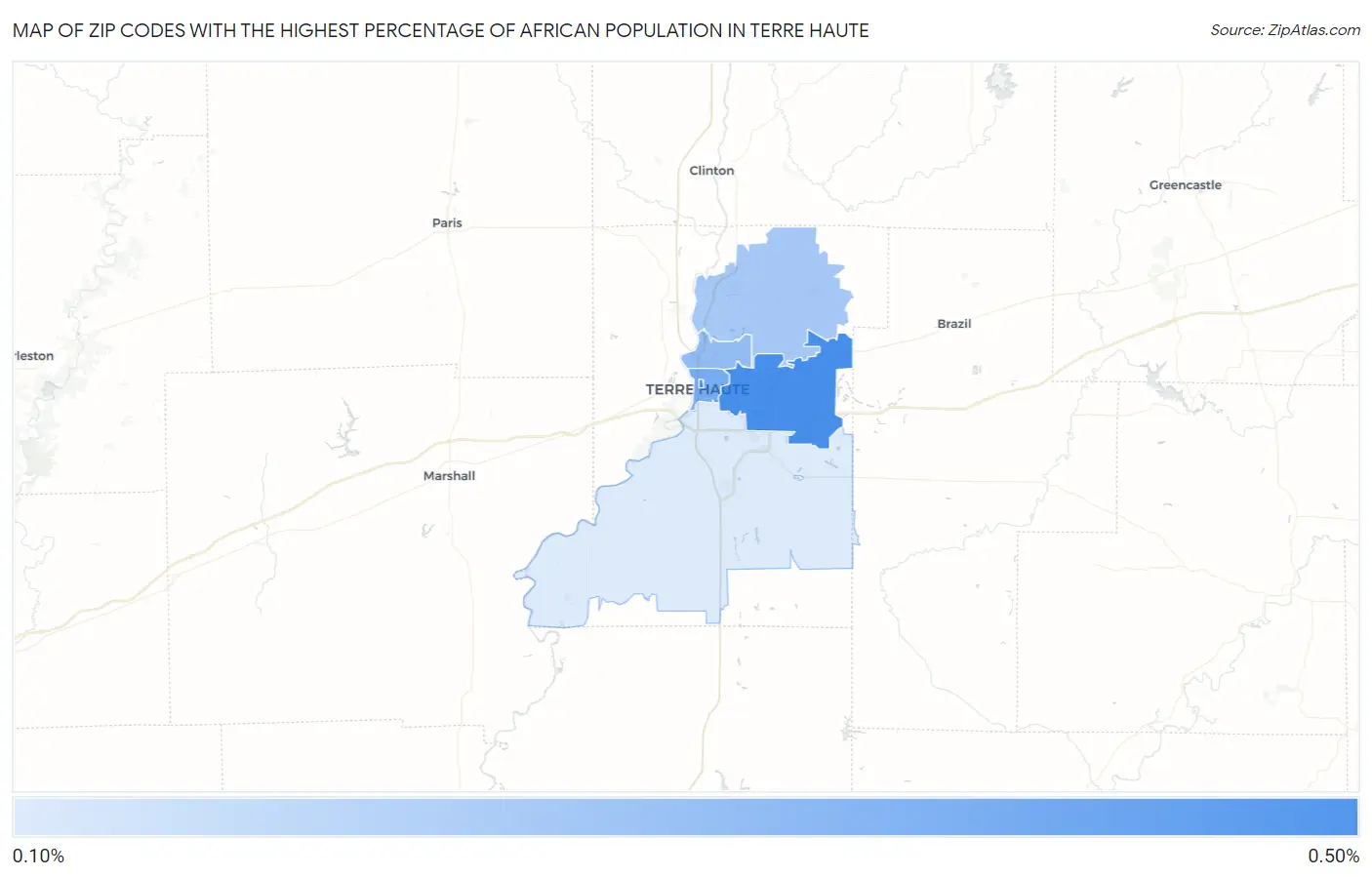 Zip Codes with the Highest Percentage of African Population in Terre Haute Map