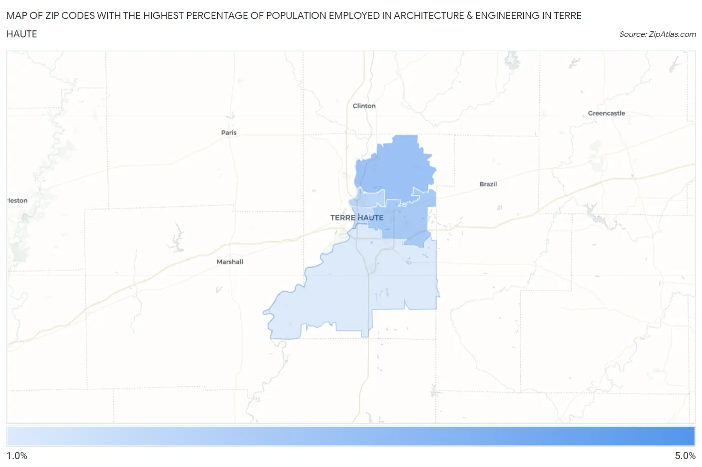 Zip Codes with the Highest Percentage of Population Employed in Architecture & Engineering in Terre Haute Map