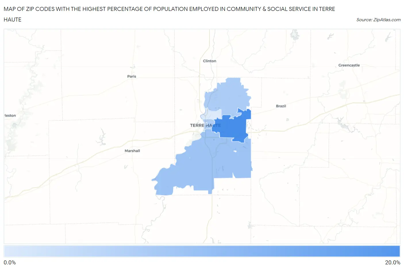 Zip Codes with the Highest Percentage of Population Employed in Community & Social Service  in Terre Haute Map