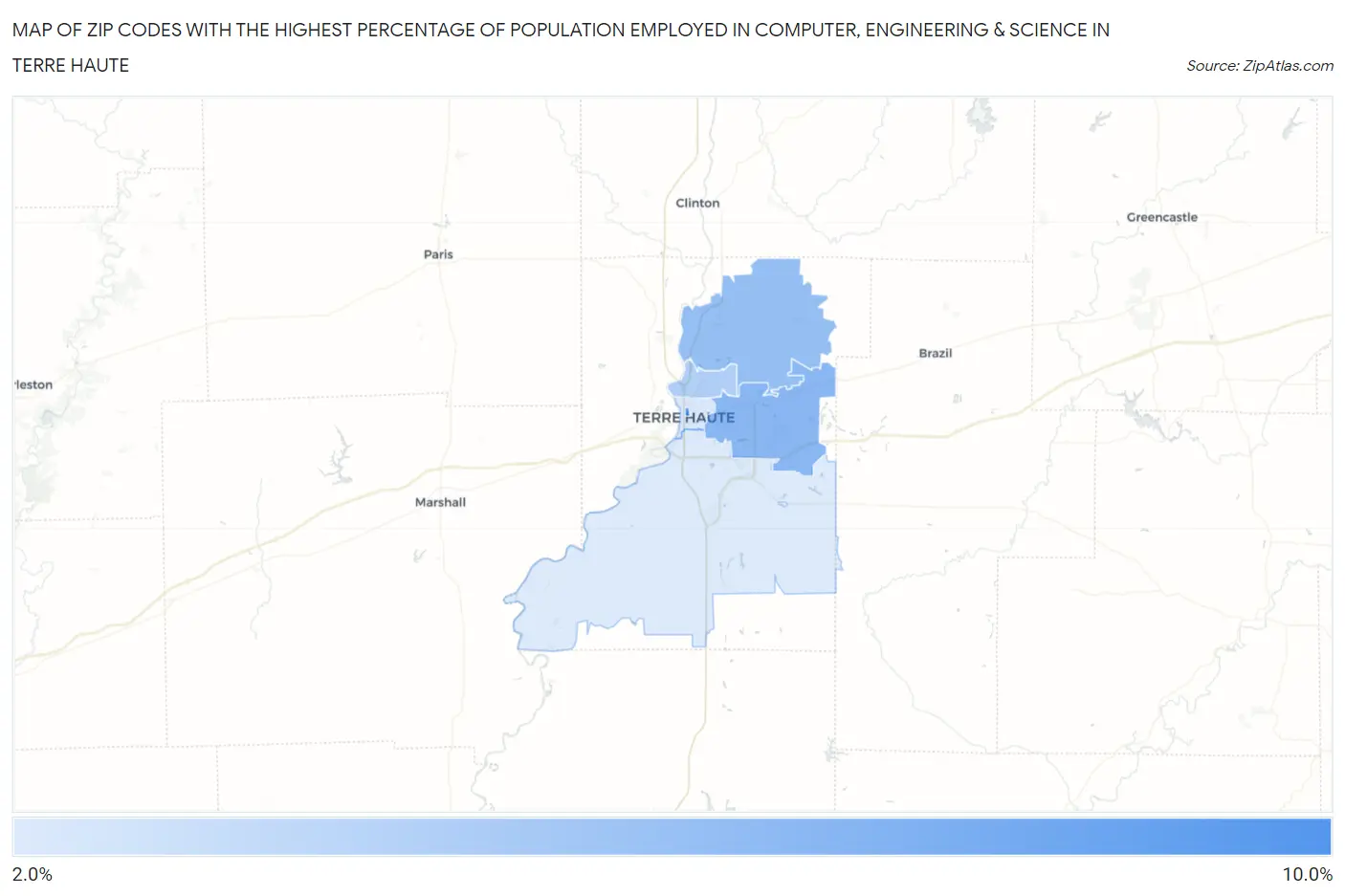 Zip Codes with the Highest Percentage of Population Employed in Computer, Engineering & Science in Terre Haute Map