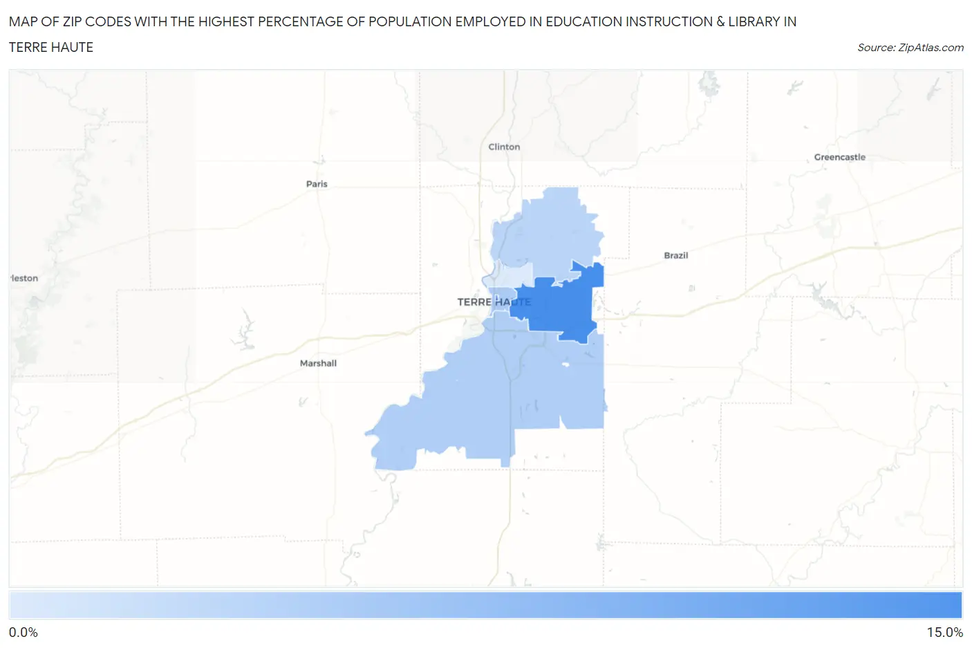 Zip Codes with the Highest Percentage of Population Employed in Education Instruction & Library in Terre Haute Map