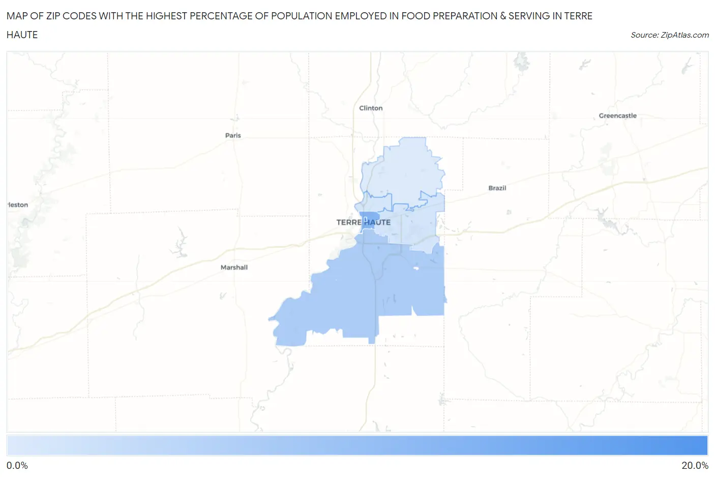 Zip Codes with the Highest Percentage of Population Employed in Food Preparation & Serving in Terre Haute Map
