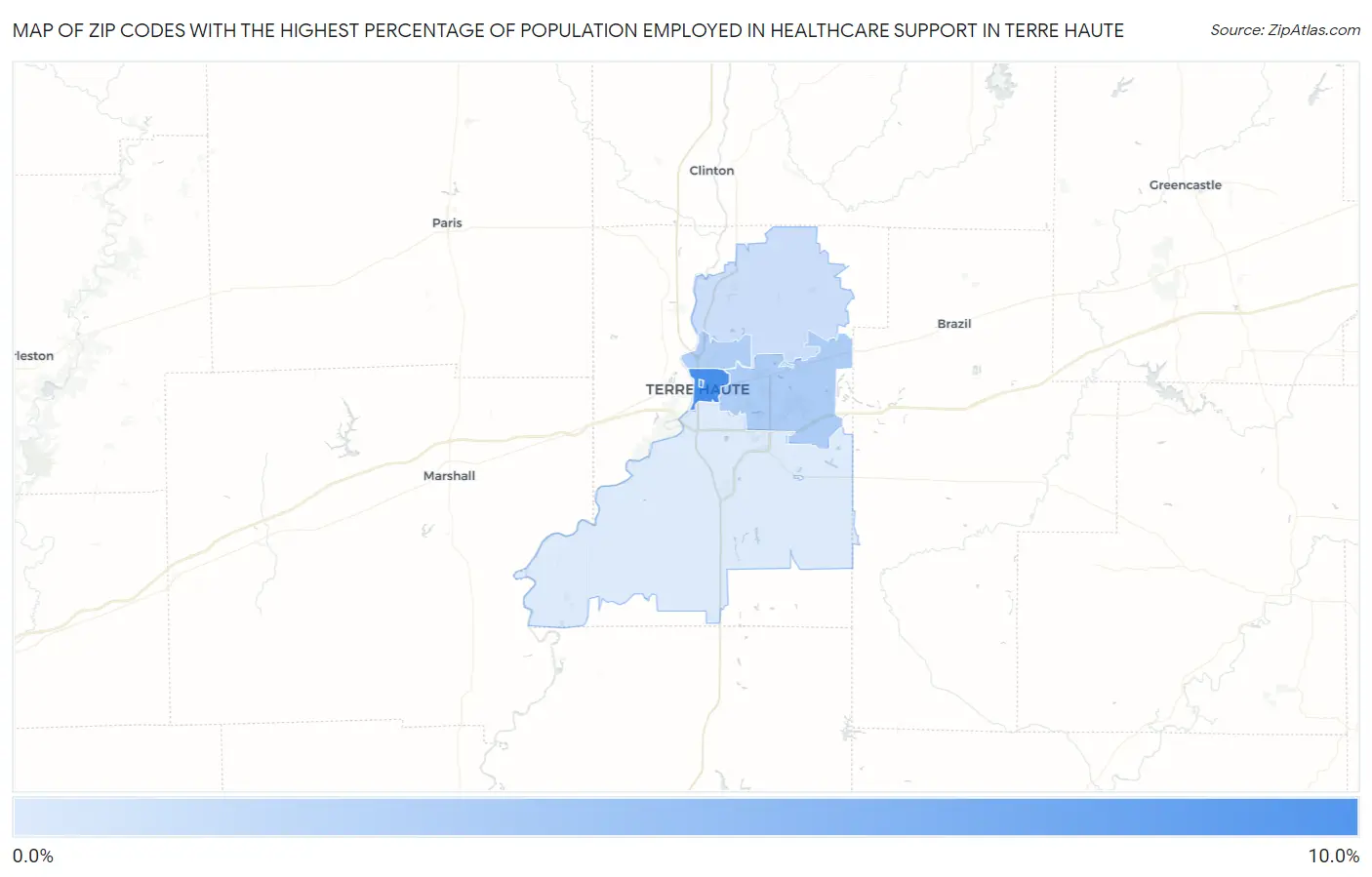 Zip Codes with the Highest Percentage of Population Employed in Healthcare Support in Terre Haute Map