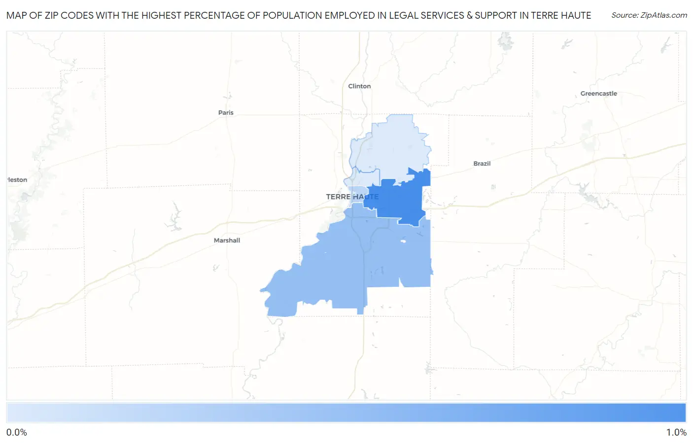 Zip Codes with the Highest Percentage of Population Employed in Legal Services & Support in Terre Haute Map