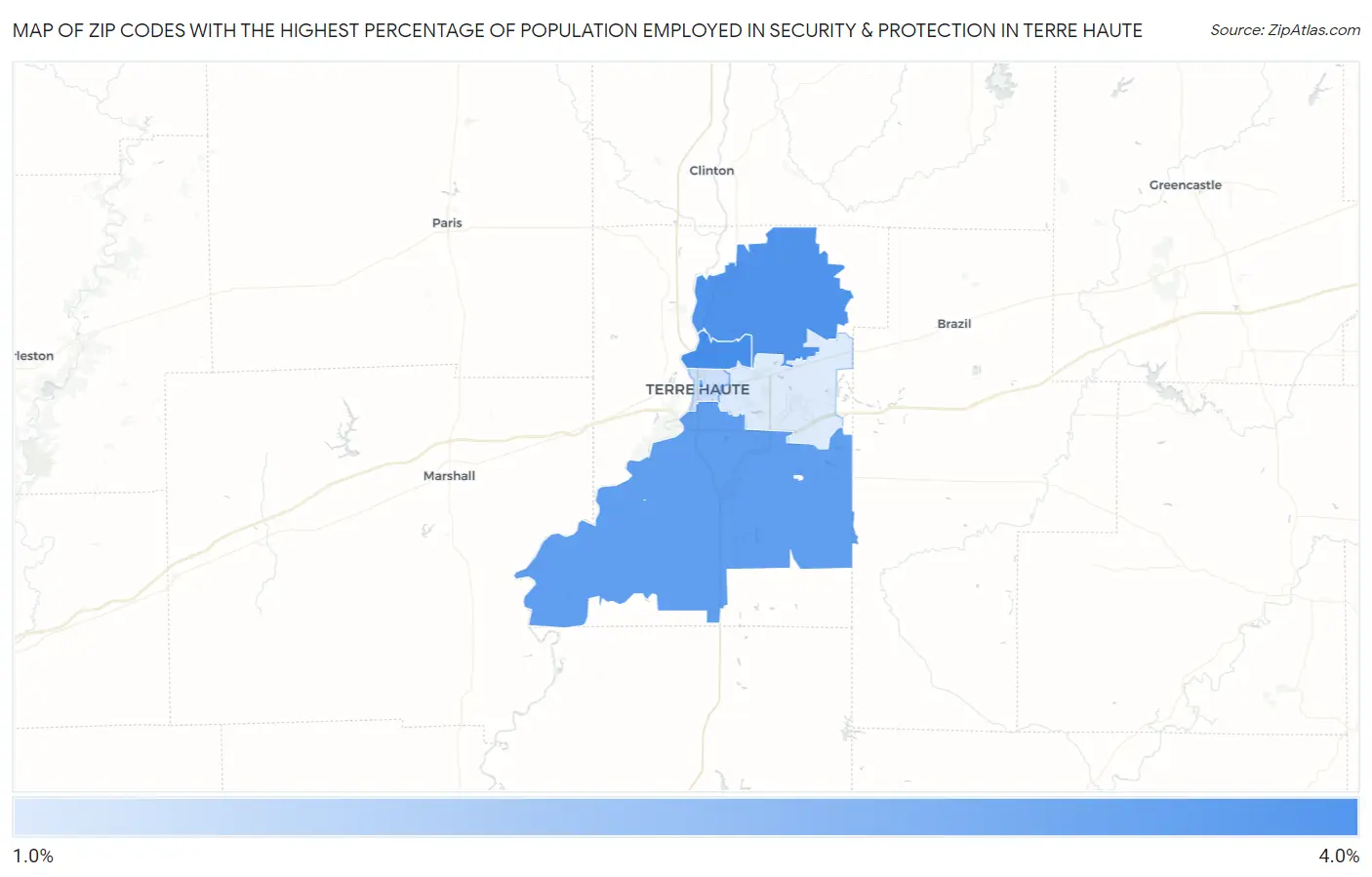 Zip Codes with the Highest Percentage of Population Employed in Security & Protection in Terre Haute Map