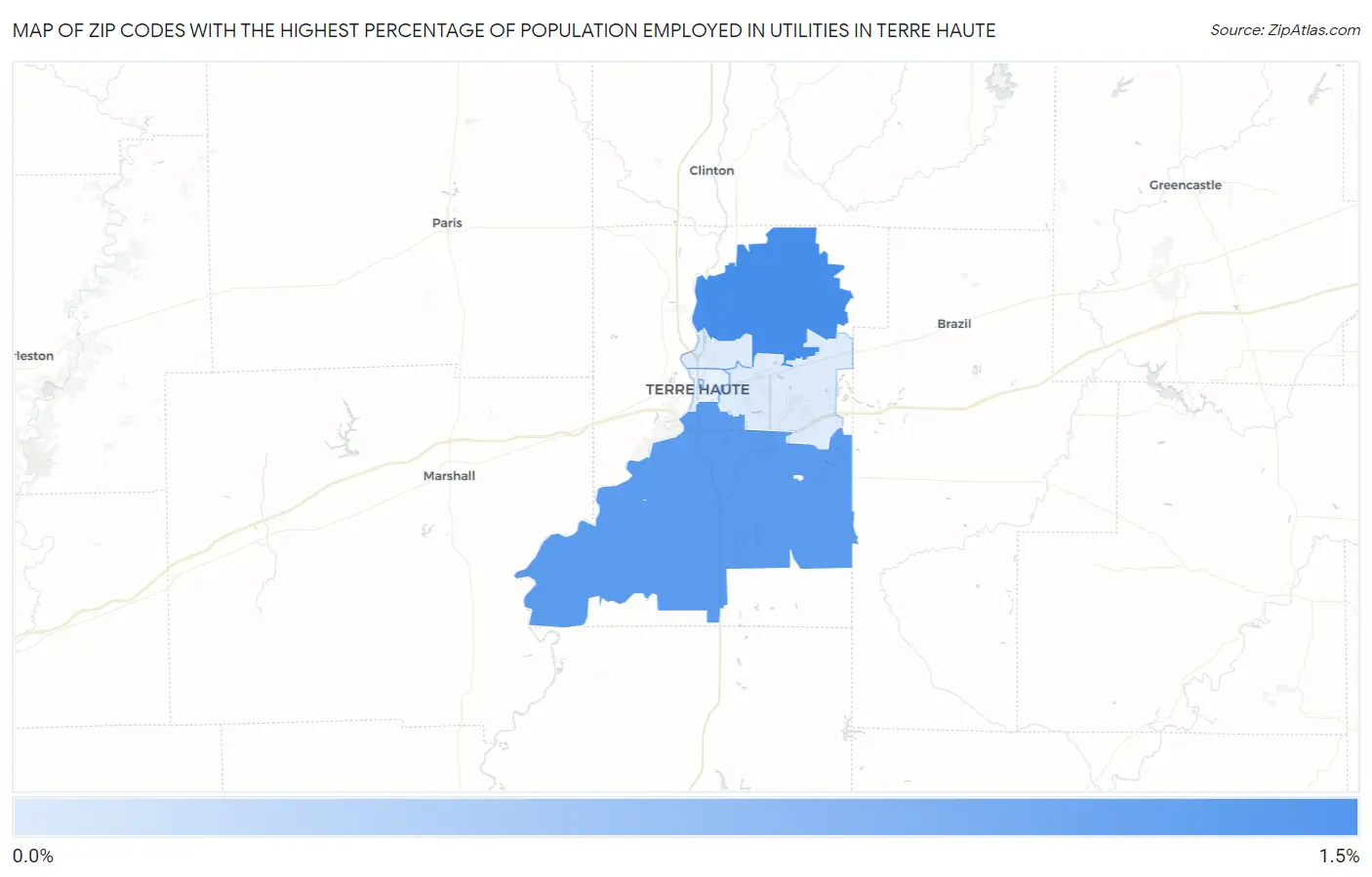 Zip Codes with the Highest Percentage of Population Employed in Utilities in Terre Haute Map