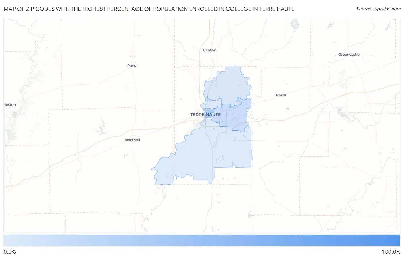 Zip Codes with the Highest Percentage of Population Enrolled in College in Terre Haute Map