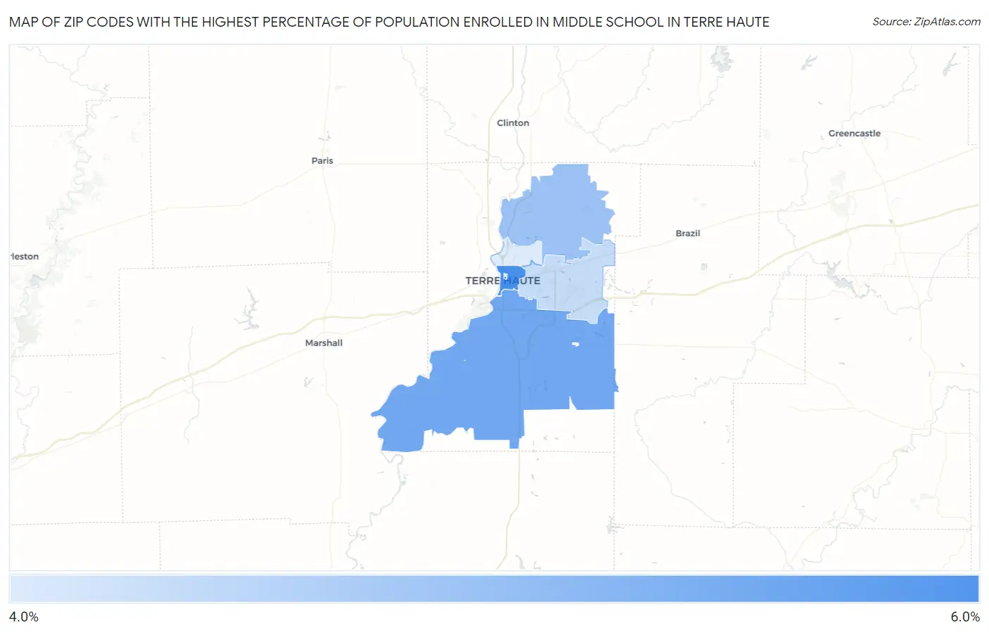 Zip Codes with the Highest Percentage of Population Enrolled in Middle School in Terre Haute Map