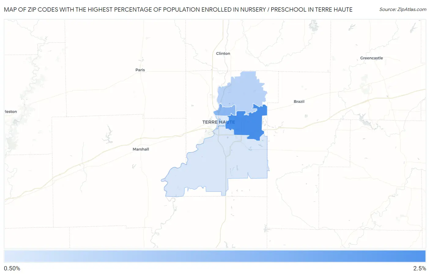 Zip Codes with the Highest Percentage of Population Enrolled in Nursery / Preschool in Terre Haute Map