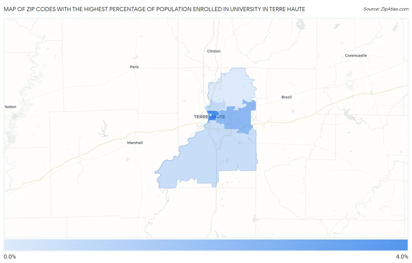 Zip Codes with the Highest Percentage of Population Enrolled in University in Terre Haute Map