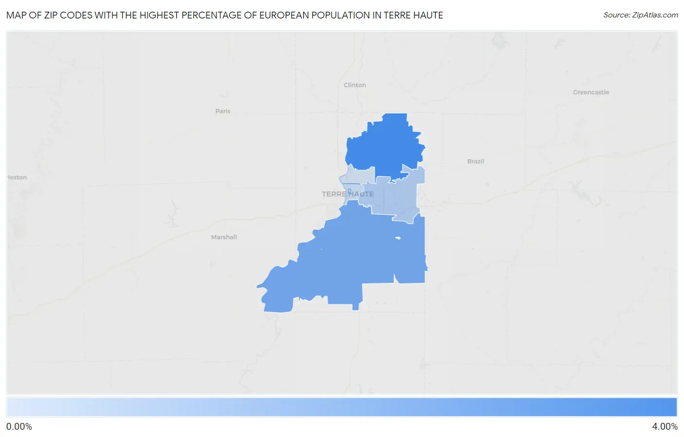 Zip Codes with the Highest Percentage of European Population in Terre Haute Map