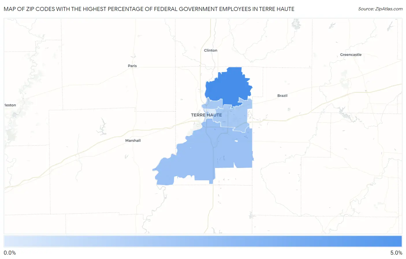 Zip Codes with the Highest Percentage of Federal Government Employees in Terre Haute Map