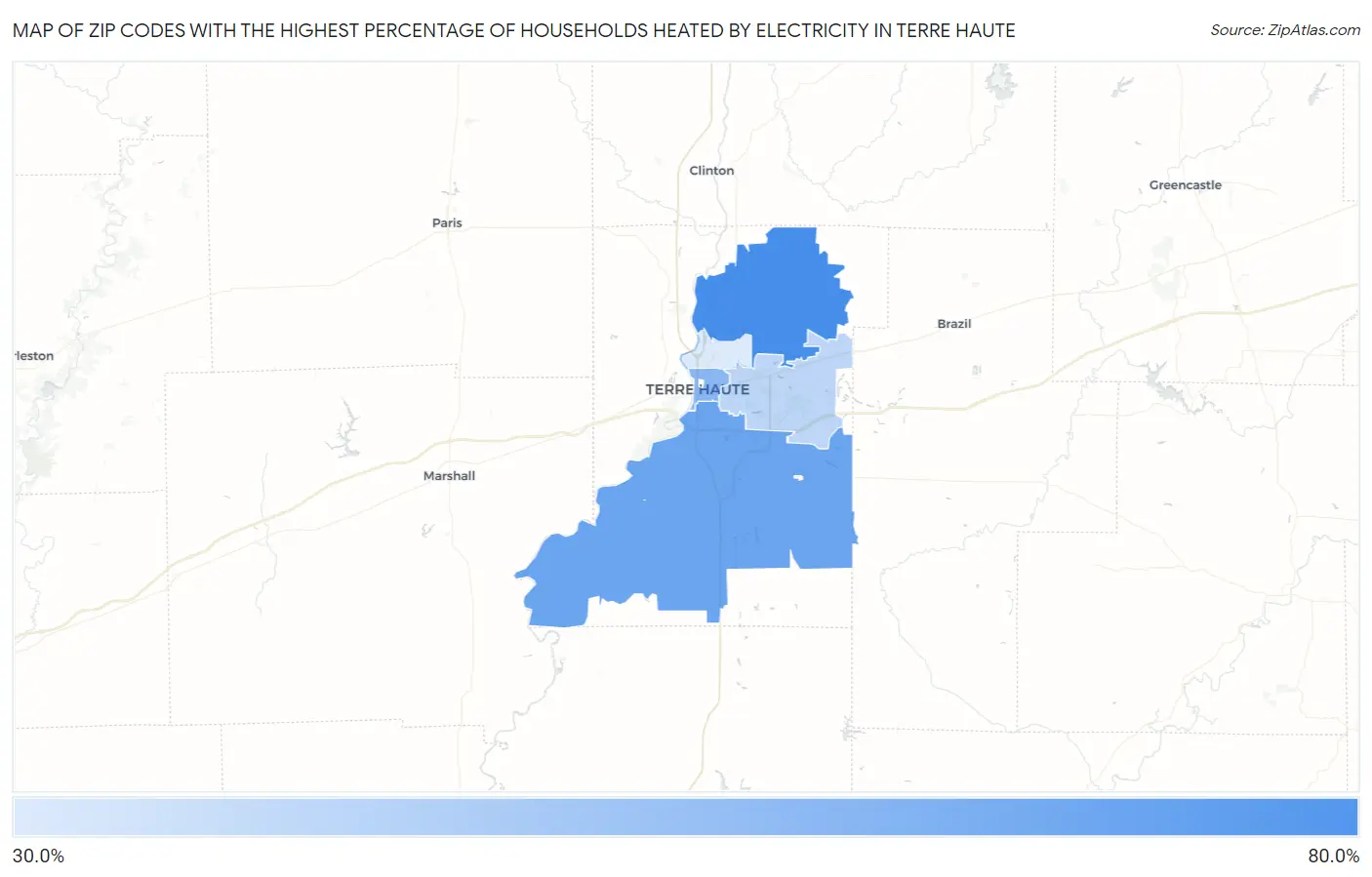 Zip Codes with the Highest Percentage of Households Heated by Electricity in Terre Haute Map