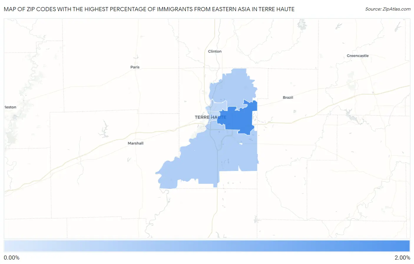 Zip Codes with the Highest Percentage of Immigrants from Eastern Asia in Terre Haute Map
