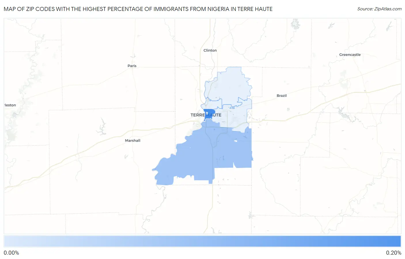 Zip Codes with the Highest Percentage of Immigrants from Nigeria in Terre Haute Map
