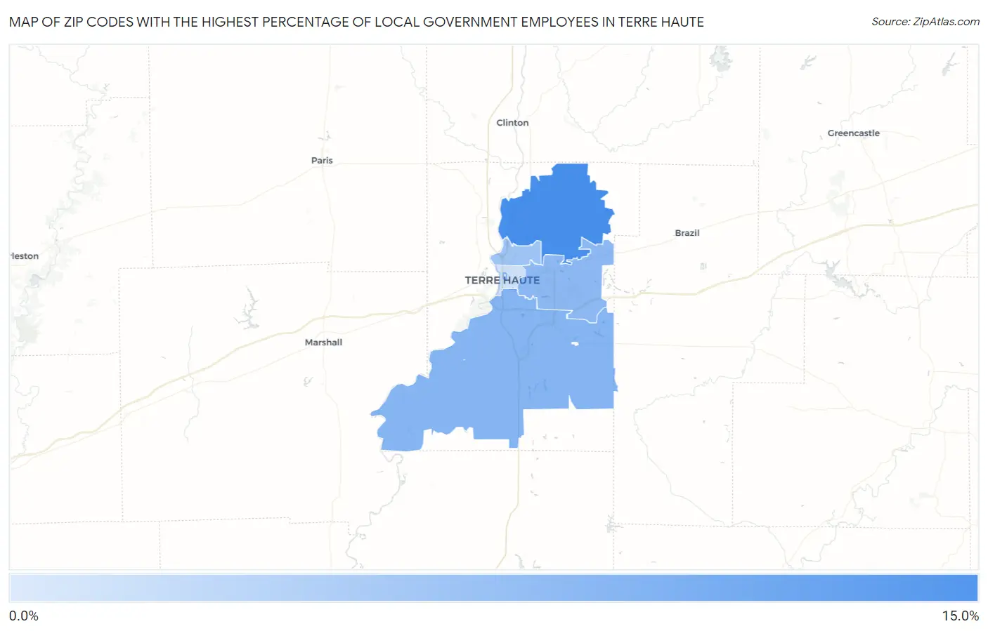 Zip Codes with the Highest Percentage of Local Government Employees in Terre Haute Map