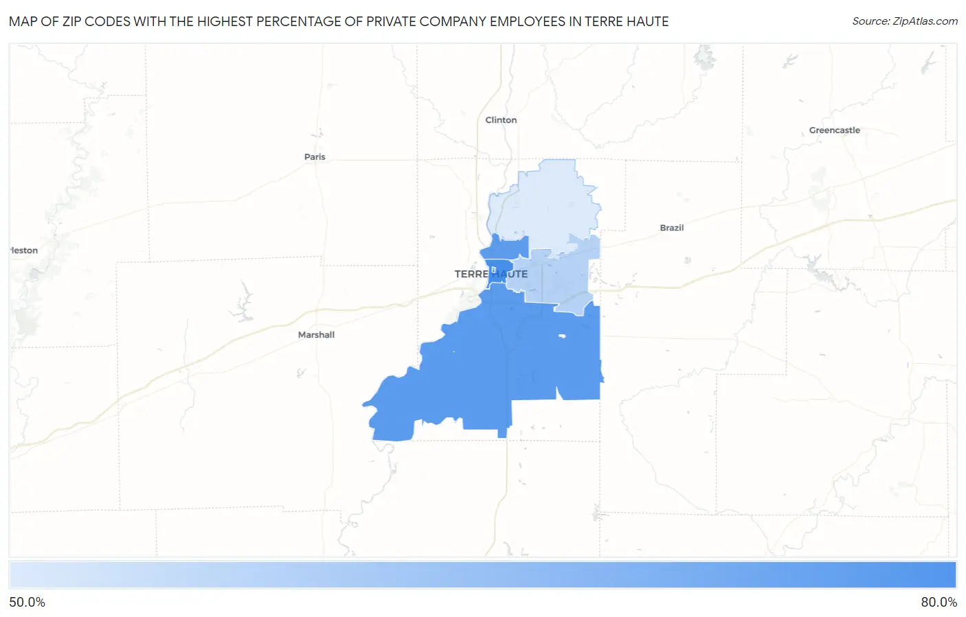 Zip Codes with the Highest Percentage of Private Company Employees in Terre Haute Map