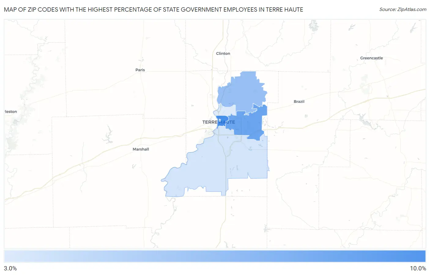 Zip Codes with the Highest Percentage of State Government Employees in Terre Haute Map