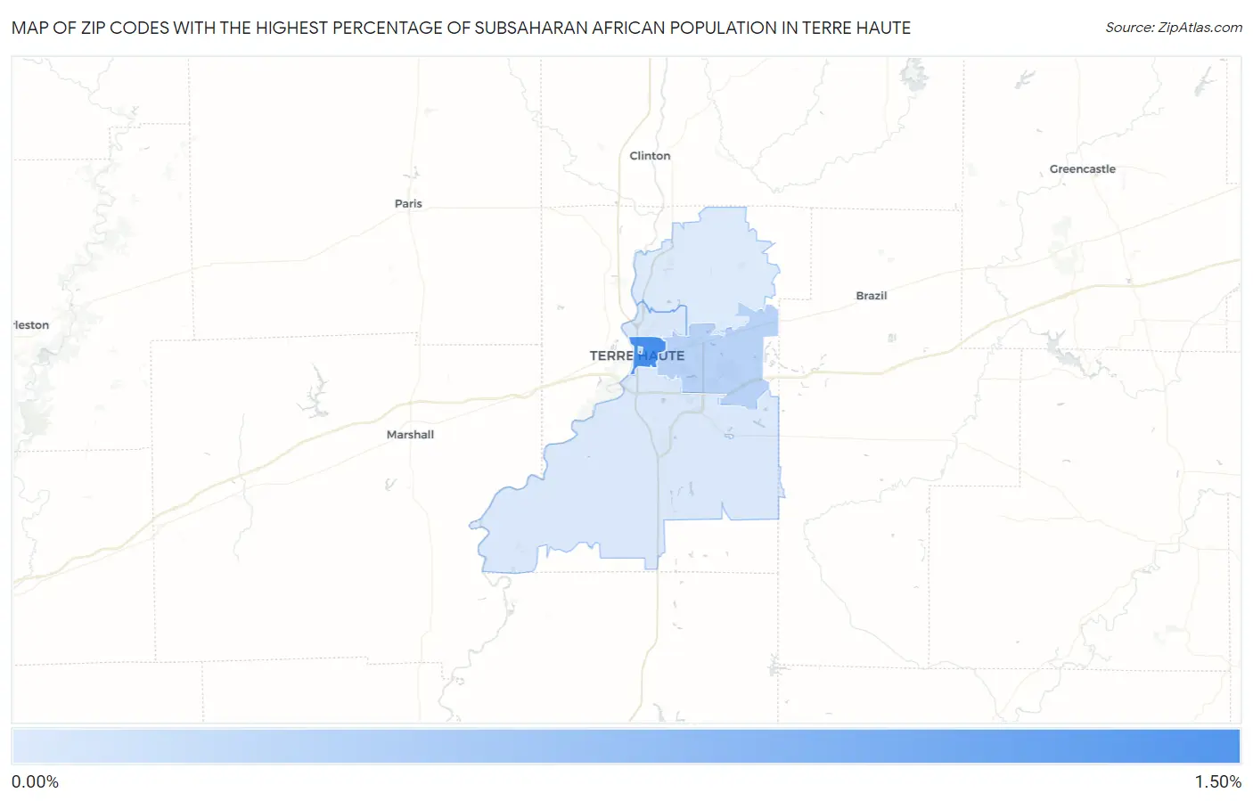 Zip Codes with the Highest Percentage of Subsaharan African Population in Terre Haute Map