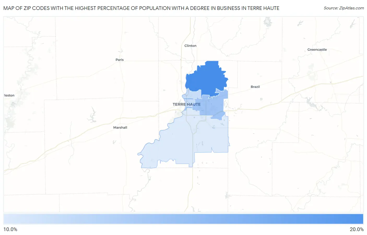 Zip Codes with the Highest Percentage of Population with a Degree in Business in Terre Haute Map