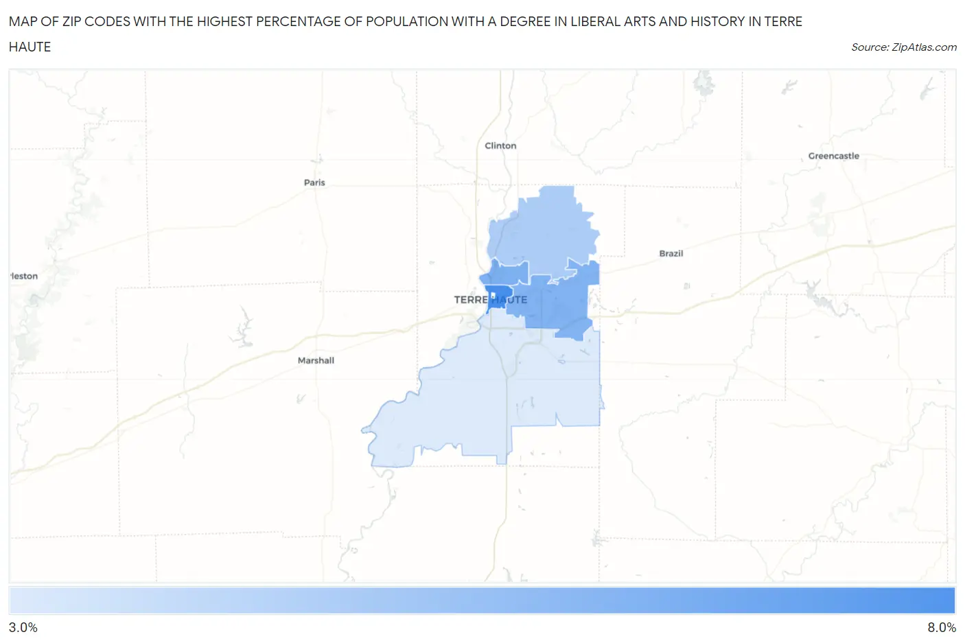 Zip Codes with the Highest Percentage of Population with a Degree in Liberal Arts and History in Terre Haute Map