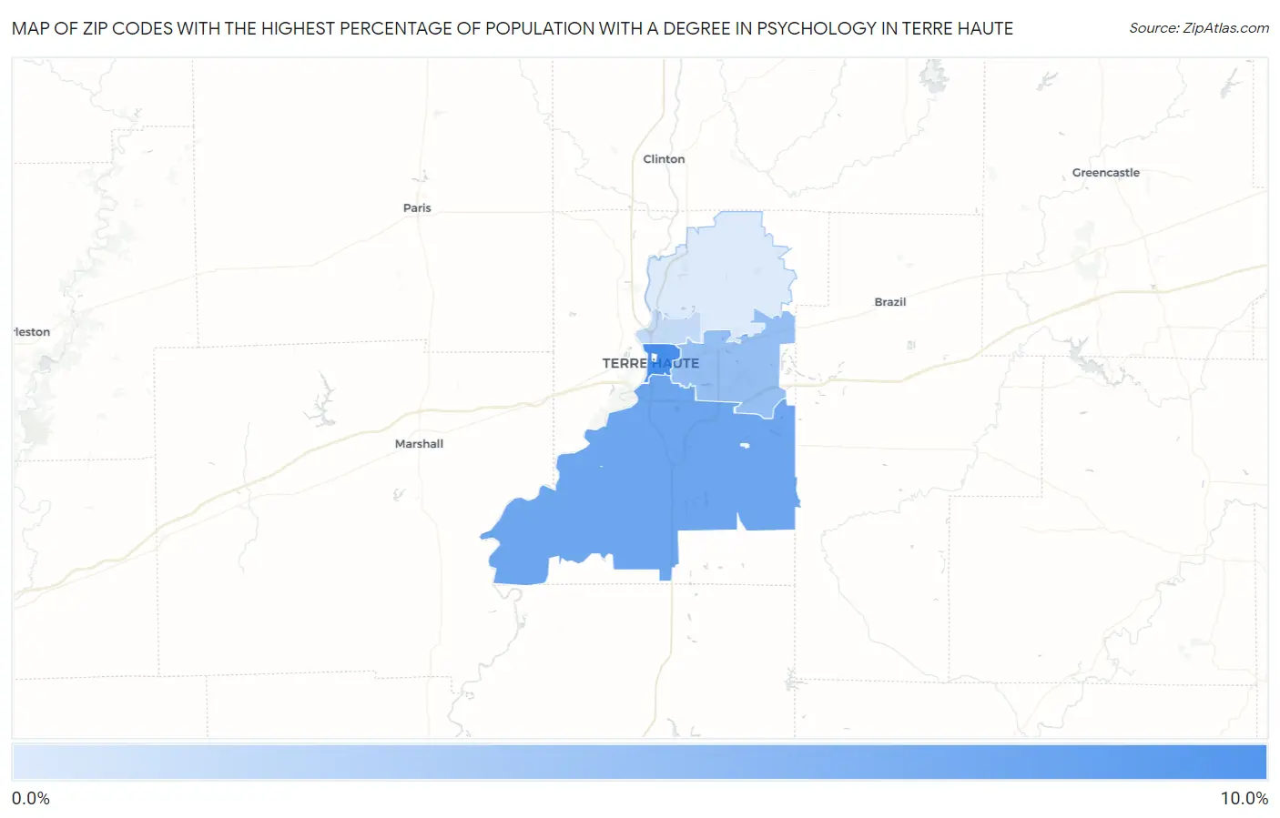Zip Codes with the Highest Percentage of Population with a Degree in Psychology in Terre Haute Map