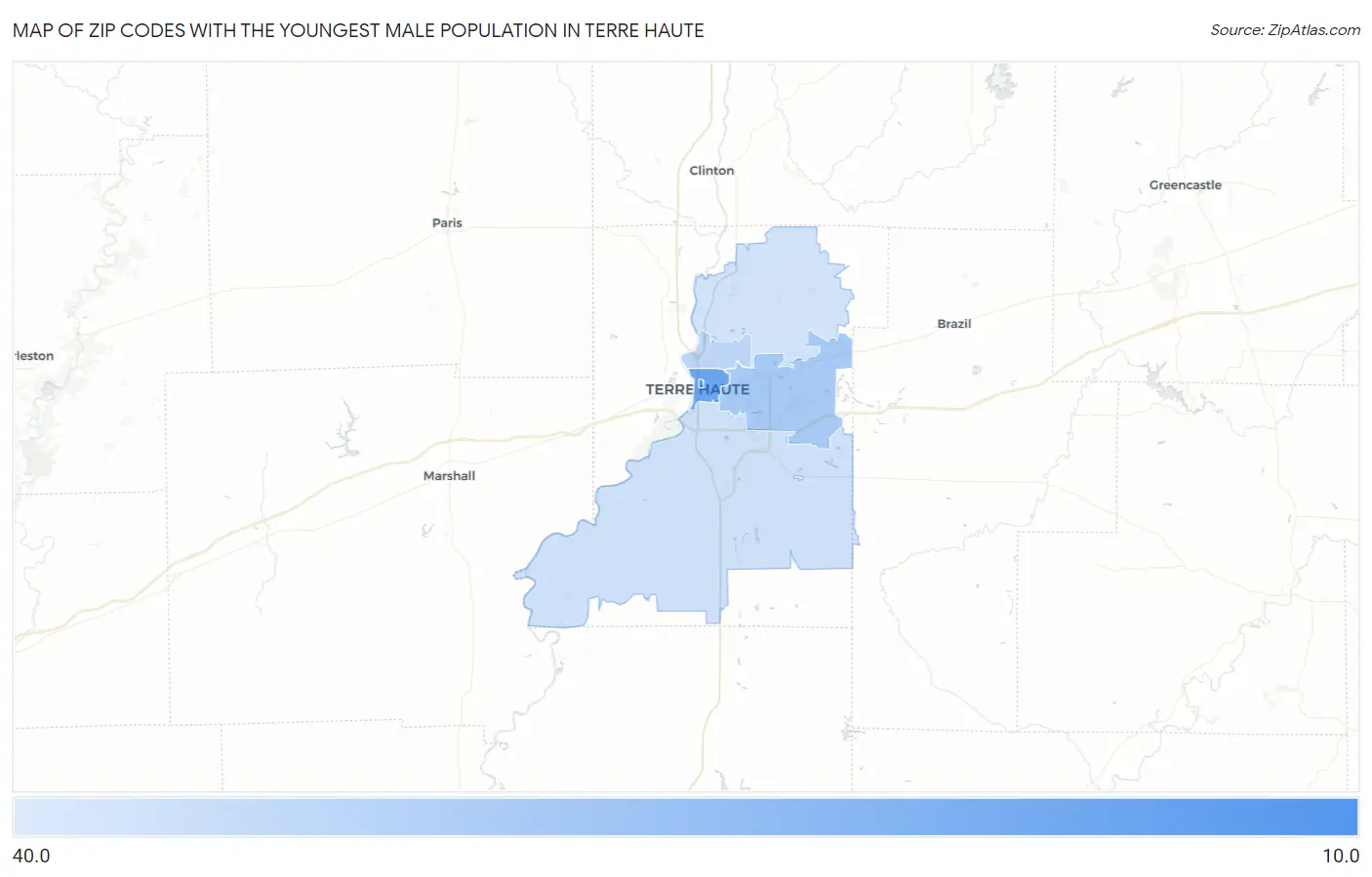 Zip Codes with the Youngest Male Population in Terre Haute Map