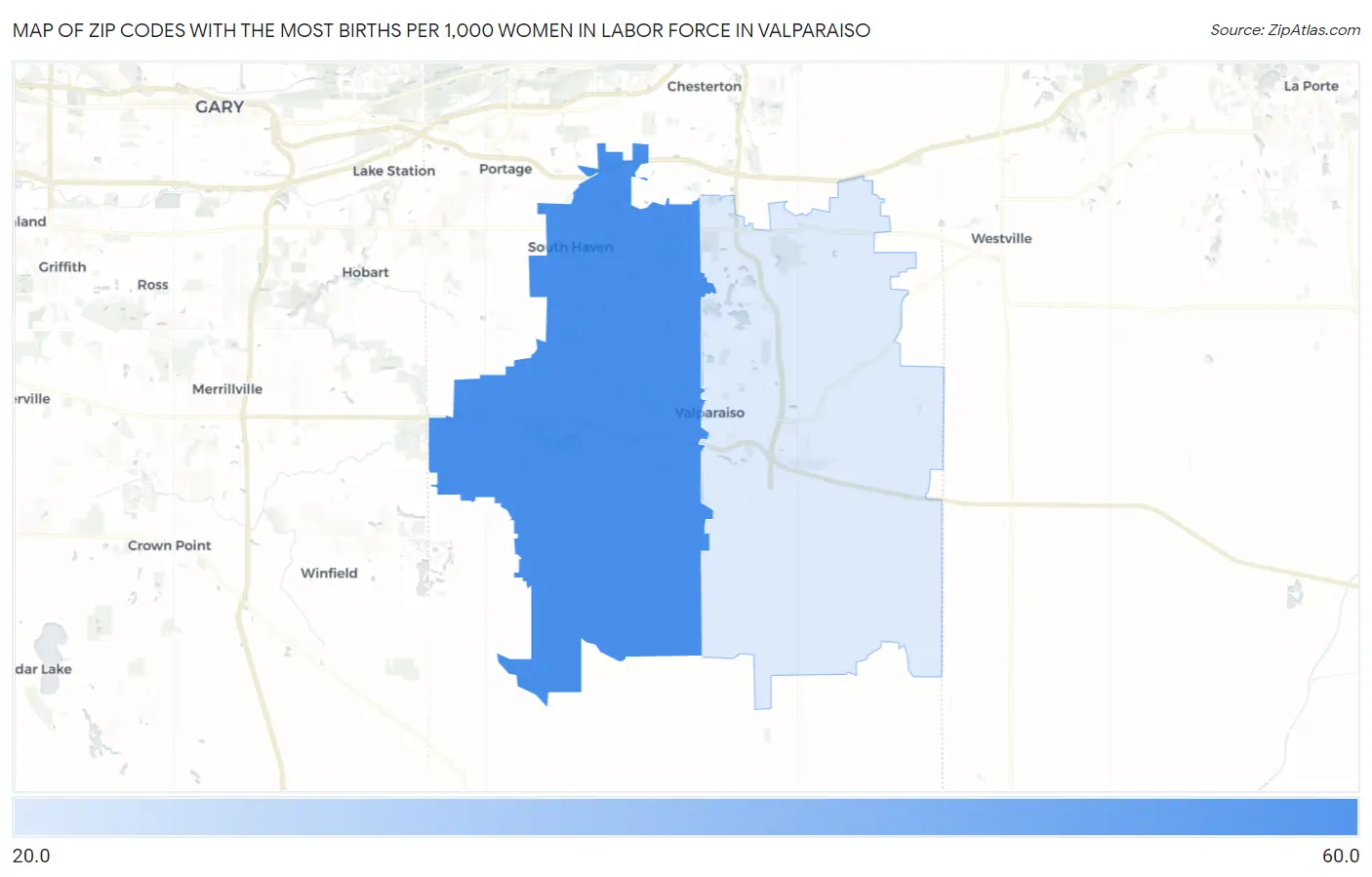 Zip Codes with the Most Births per 1,000 Women in Labor Force in Valparaiso Map