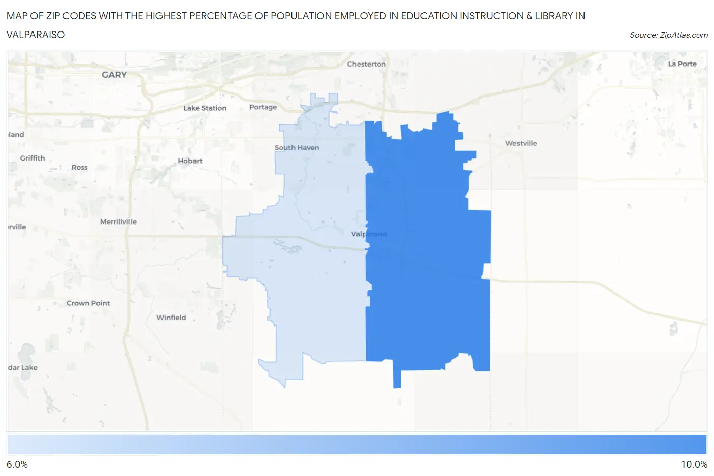 Zip Codes with the Highest Percentage of Population Employed in Education Instruction & Library in Valparaiso Map