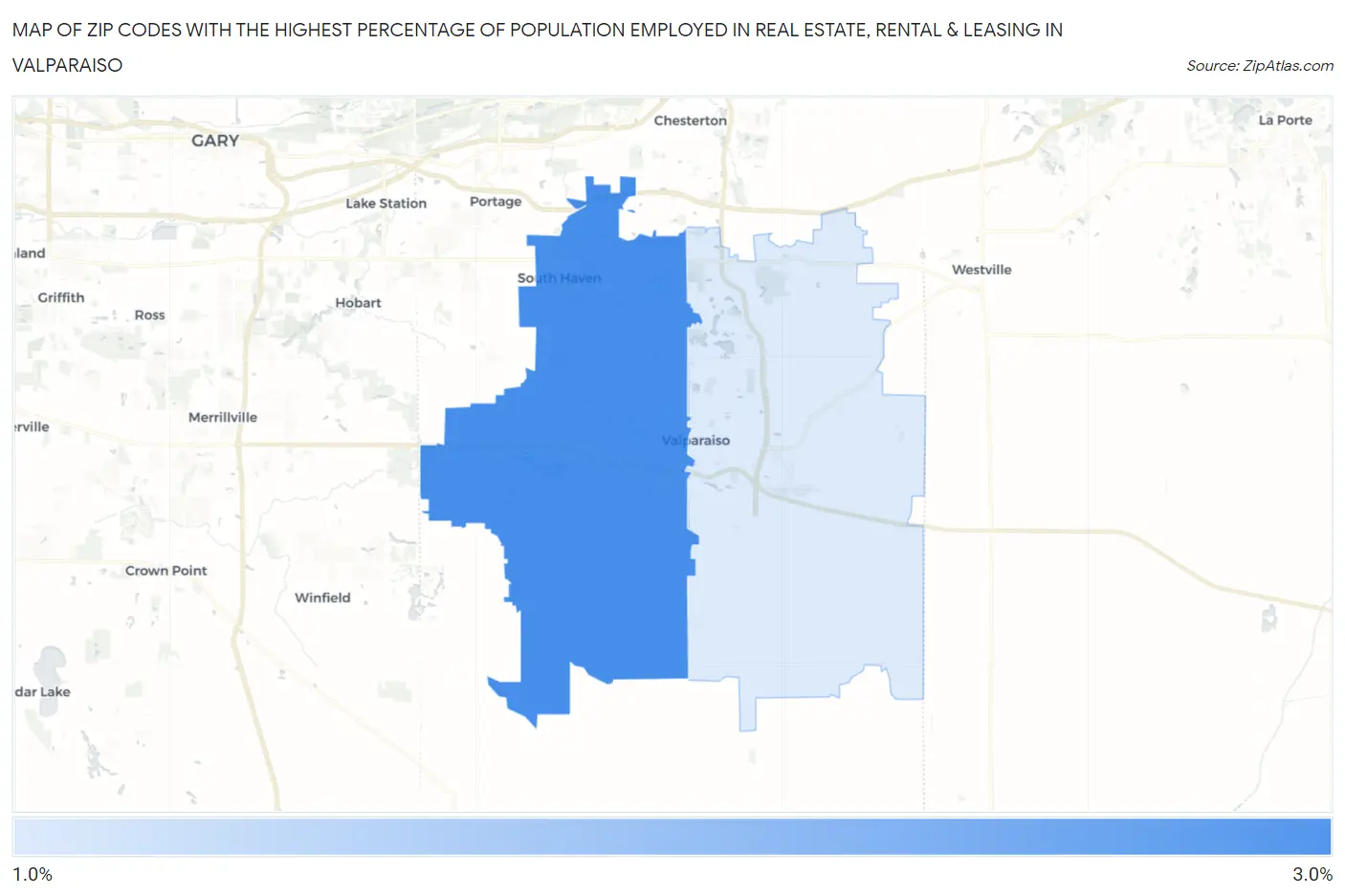 Zip Codes with the Highest Percentage of Population Employed in Real Estate, Rental & Leasing in Valparaiso Map