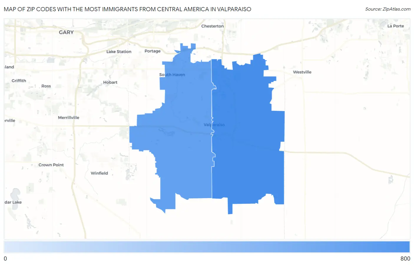Zip Codes with the Most Immigrants from Central America in Valparaiso Map