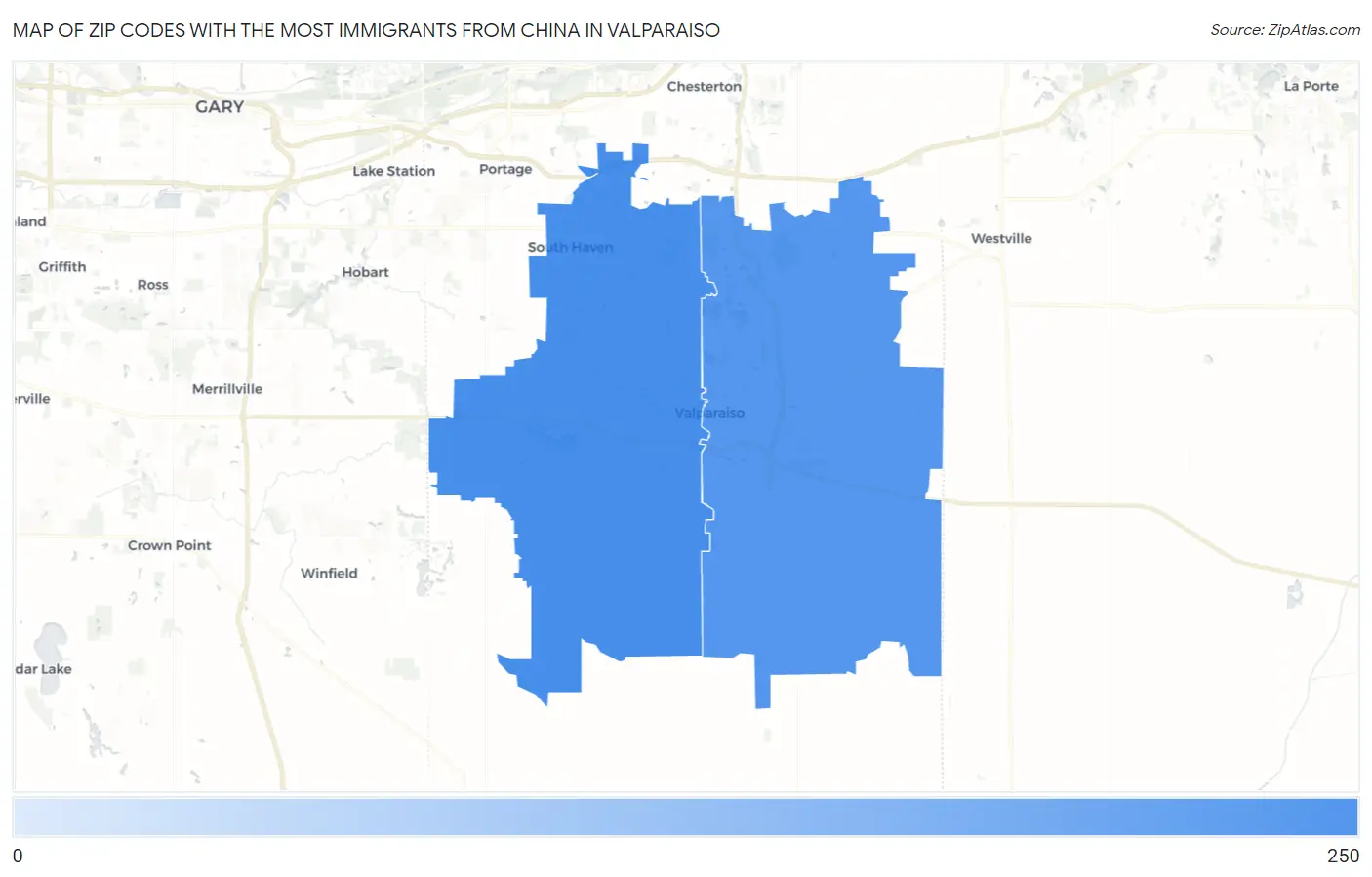 Zip Codes with the Most Immigrants from China in Valparaiso Map