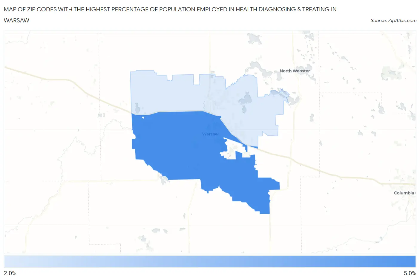 Zip Codes with the Highest Percentage of Population Employed in Health Diagnosing & Treating in Warsaw Map