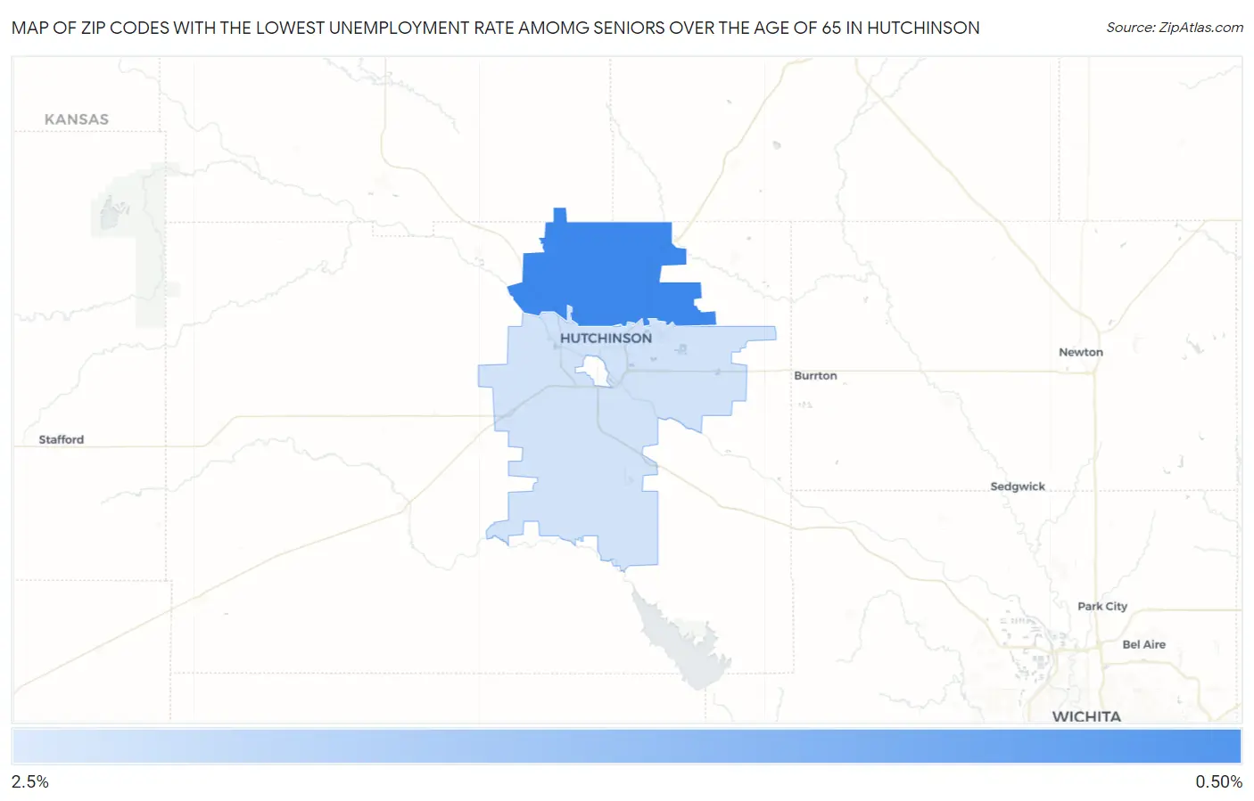 Zip Codes with the Lowest Unemployment Rate Amomg Seniors Over the Age of 65 in Hutchinson Map