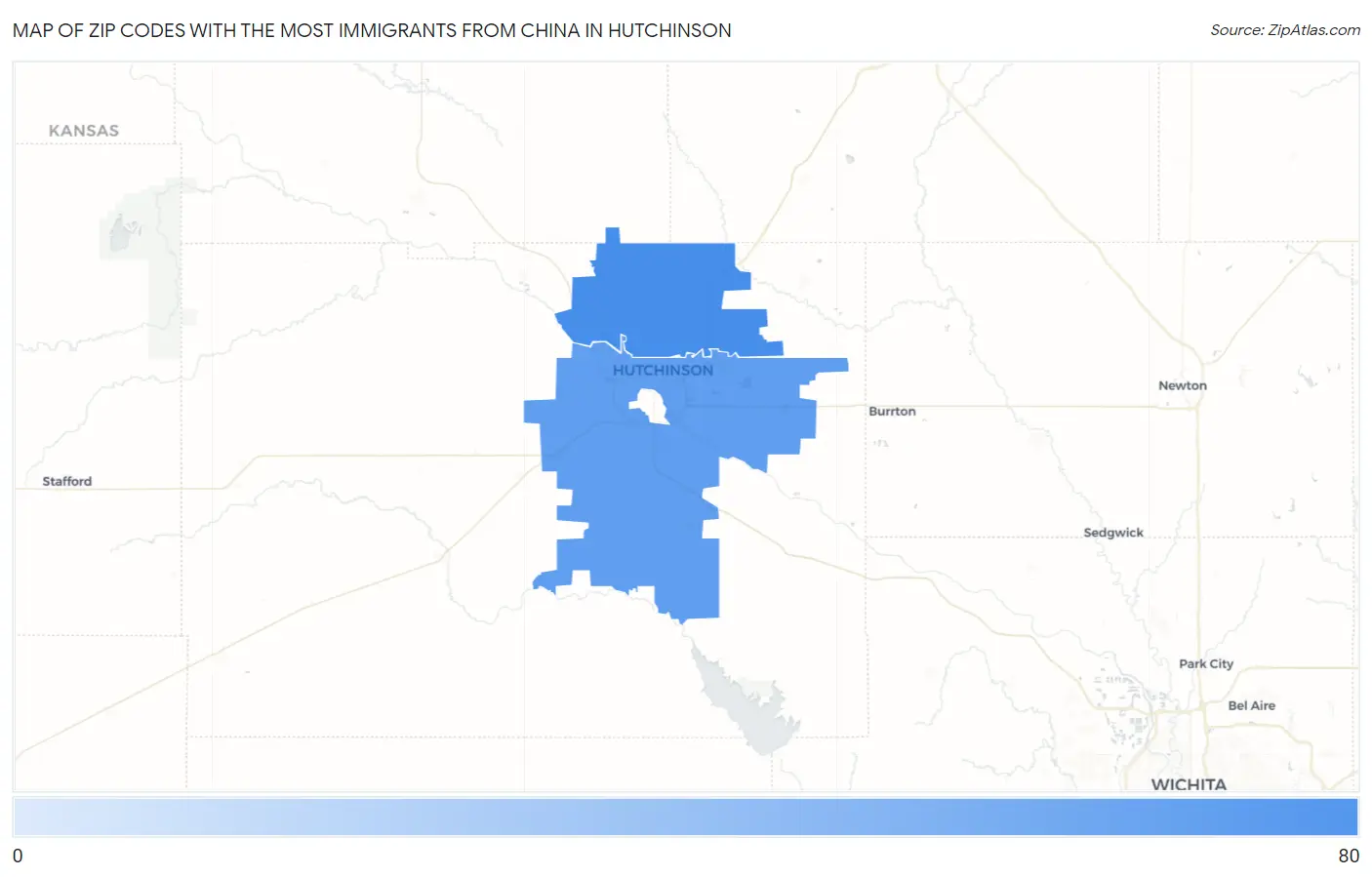 Zip Codes with the Most Immigrants from China in Hutchinson Map