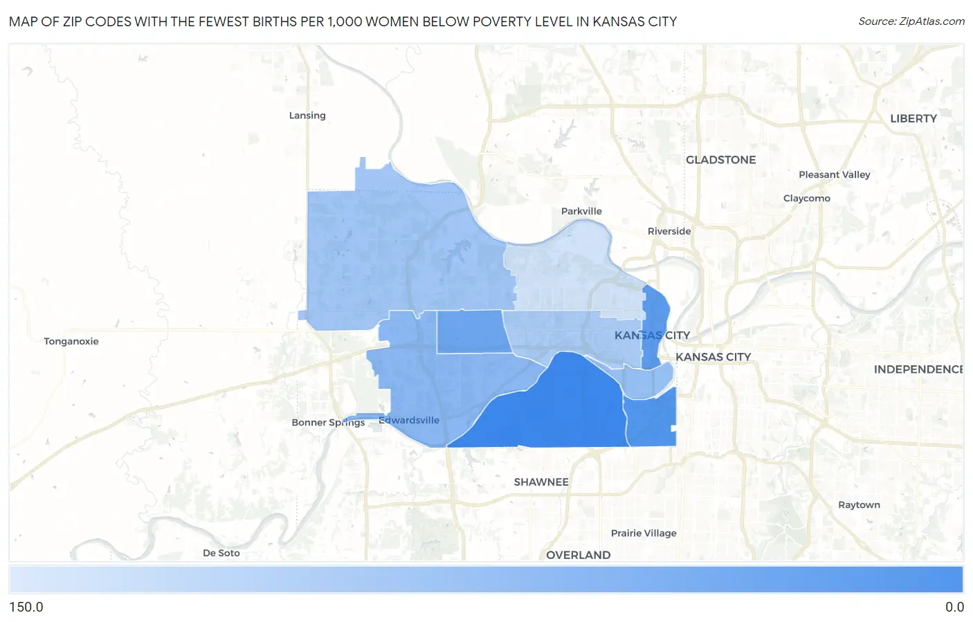 Zip Codes with the Fewest Births per 1,000 Women Below Poverty Level in Kansas City Map