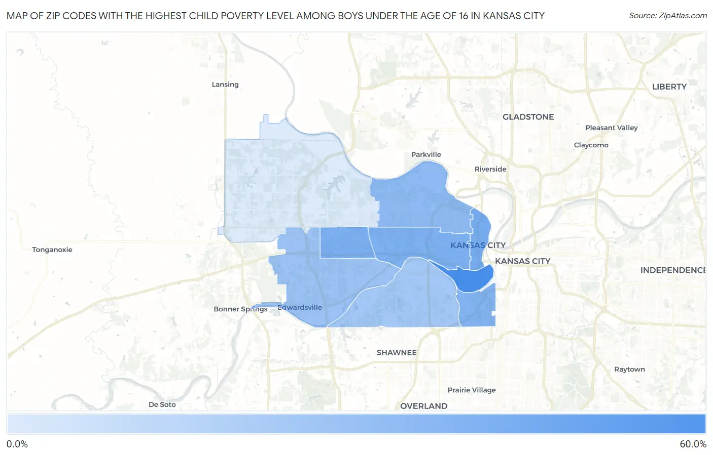 Zip Codes with the Highest Child Poverty Level Among Boys Under the Age of 16 in Kansas City Map